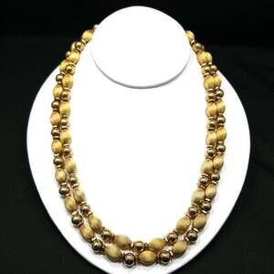 Vintage Gold Plated Double Strand Beaded Necklace, Satin & Smooth Beads 1950s